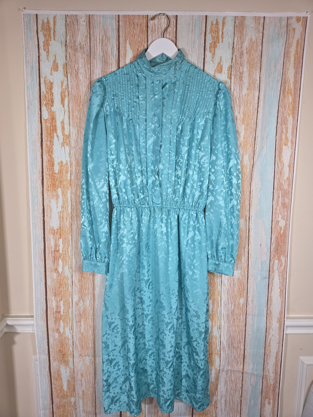 Bits & Pieces Ltd Vintage Elegant Teal High-Neck Long Sleeve Dress. Size 14